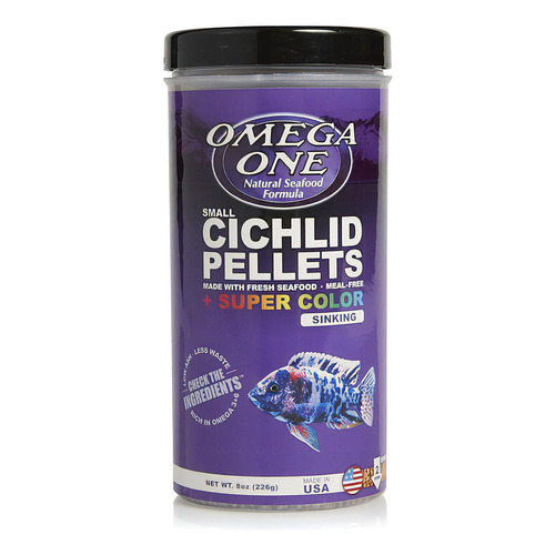 Omega One Cichlids Pellets Super Color Small Sinking 226g Alimento para Peces Ciclidos en Granulos Pequeños 2mm de Lento Hundimiento a Base de Comida de Mar Colores Vibrantes