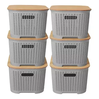 Set X6 Canastos Organizadores Simil Rattan Con Tapa Madera