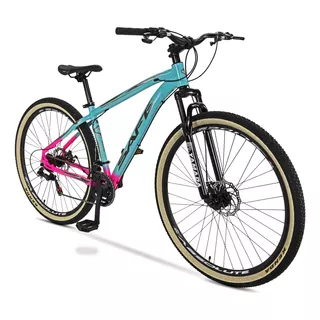 Bicicleta 29 Mtb Safe Alumínio 21 V Freio À Disco Suspensão Cor Azul Tiffany + Rosa Chiclete Tamanho Do Quadro 15,5