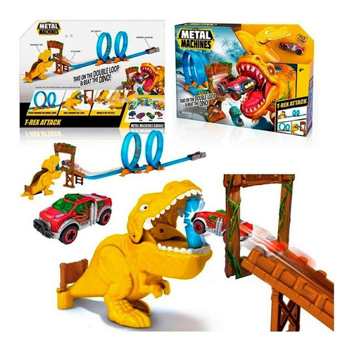 Pista De Autos Dinosaurio Doble Metal Machines T-rex Atack Color amarillo y rojo