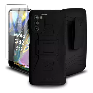 Funda Protector P/ Motorola G82 5g, Uso Rudo Clip C/ Cristal Color Negro Moto G82 (5g)