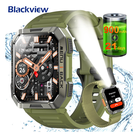 Reloj Smartwatch Reloj Inteligente Blackview Bvw60 Verde De 2.1 Pulgadas, Smart Watch, Hombre Reloj Inteligente Militar, Linterna Bluetooth, Ip68, 900mAh,Resistente Al Agua, Verde