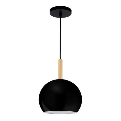 Colgante 1 Luz Bocha 22cm Negra Con Madera Luz Desing