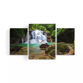 Cuadro Moderno Reloj De Pared Triptico Paisaje Cascada Deco