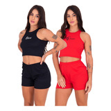 Kit 2 Conjuntos Feminino Canelado Blusa Croped +short Ribana