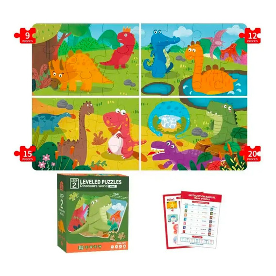 Set De 4 Puzzles En 1 Mundo Jurásico +3 Años 56 Piezas