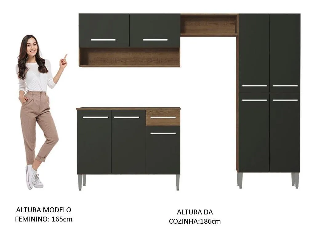 Armário de cozinha modulada completa compacta Emilly pop com armário e balcão cor rustic/preto - Imagem 8