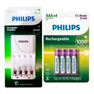 Carregador Philips 4 Pilhas Recarregáveis Aaa 950mah Palito