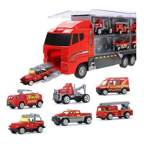Camión Bomberos Incluye 6 Coches Rampa - 3721 Color Rojo Personaje Bombero