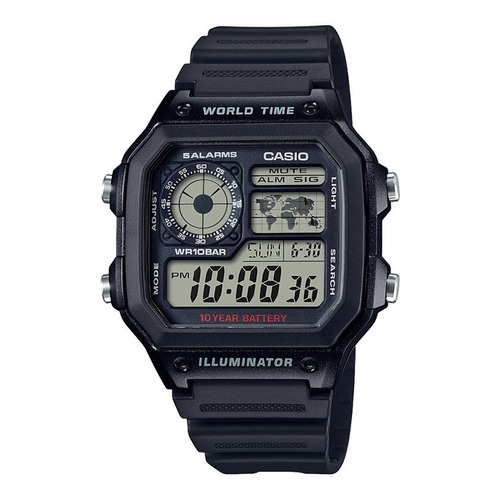 Reloj pulsera digital Casio AE-1200 con correa de resina color negro - fondo gris