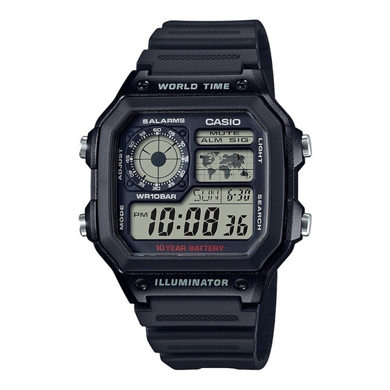 Reloj pulsera Casio Digital AE-1200 de cuerpo color negro, digital, fondo gris, con correa de resina color negro, dial negro, subesferas color gris y negro, minutero/segundero negro, bisel color negro