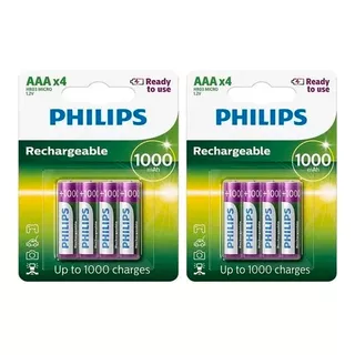 8 Pilhas Recarregável Palito Philips Aaa 1000mah Hr03 Nfe