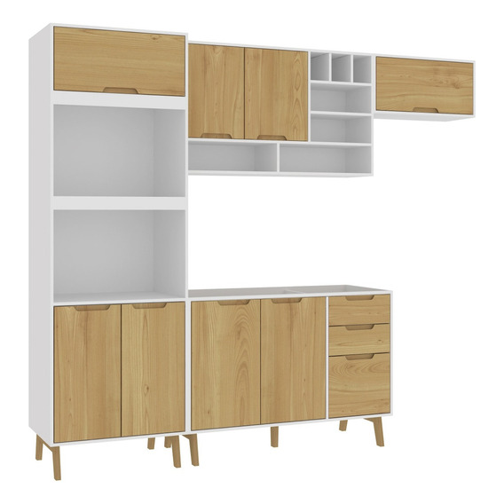 Kit Cocina 4 Muebles Alacena Bajo Mesada 2 Aéreos Madera Bl Color Blanco