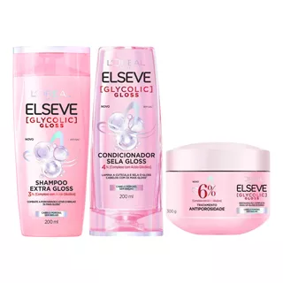  Kit Shampoo, Cond. E Máscara Capilar Elseve Glycolic Gloss