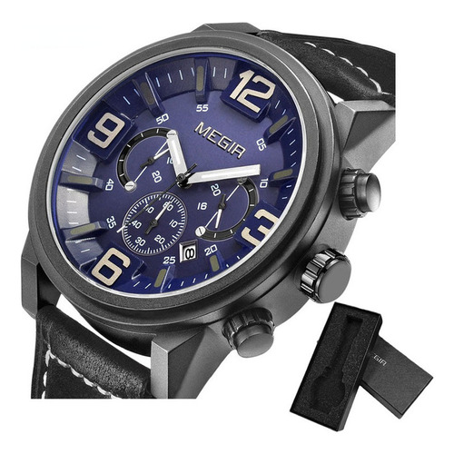 Reloj de pulsera Megir 3010G de cuerpo color negro, analógico, para hombre, fondo negro y azul, con correa de cuero color y hebilla simple