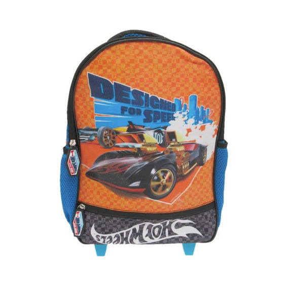 Mochila Escolar Con Ruedas Niños Hot Wheels 14'' Autos Color Azul