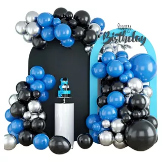 Kit 130 Baloes Azul Royal Preto Prata P/decoração Festa+fita