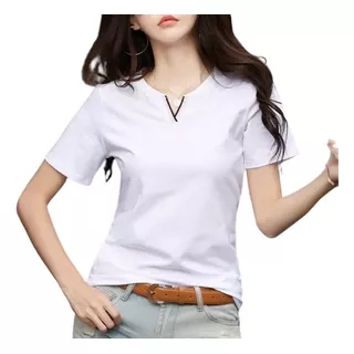 Camiseta Casual De Manga Corta Para Mujer Con Cuello En V