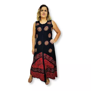 Vestido Longo Indiano Batik Regata Bordado Com Botão 5018