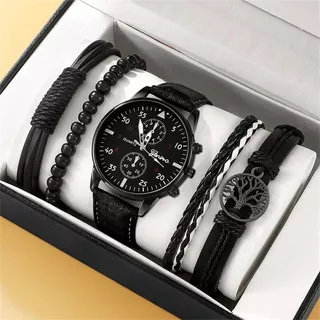 5 Piezas Conjunto De Moda Reloj Casual Pulseras De Cuero