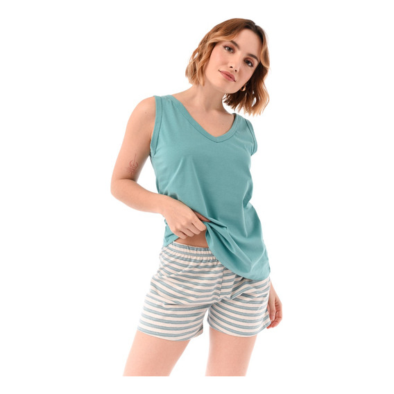 Pijama Sin Manga Algodón Short Rayado Ropa De Dormir Lumiere