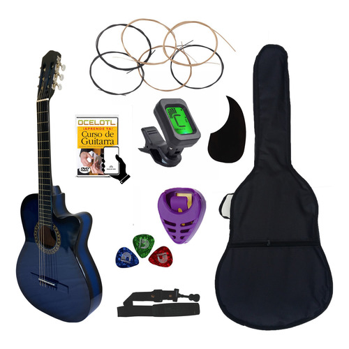 Guitarra Acústica Curva Ocelotl® CRVitality Paquete Vital De Accesorios Color Azul Orientación De La Mano Derecha