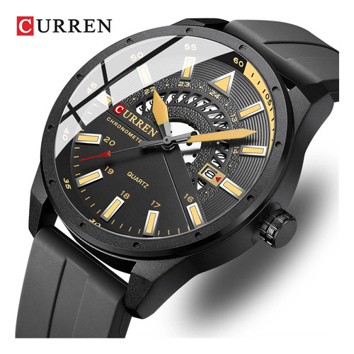 Relojes Curren 8421 Pulse de silicona impermeables para hombre, correa de color amarillo grafito, fondo negro