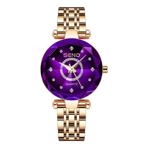 Reloj Impermeable Poligonal Con Esfera Diamante Para Mujer Color De La Correa Oro Rosa Color Del Bisel Oro Rosado Color Del Fondo Violeta