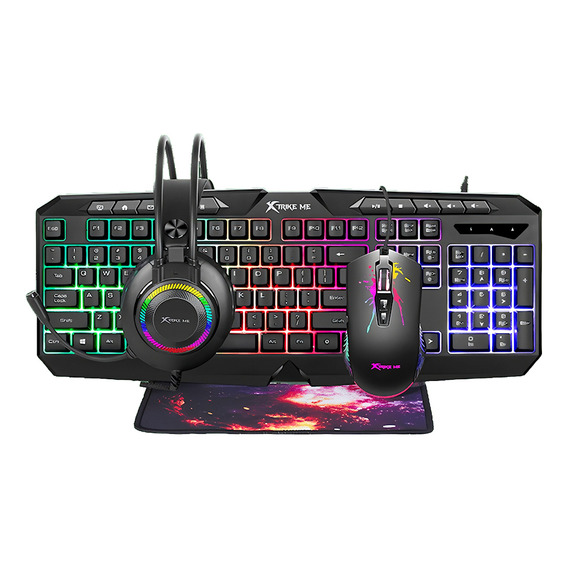 Combo Gamer Xtrike Me Teclado Mouse Auriculares Mousepad Rgb Color del teclado Negro