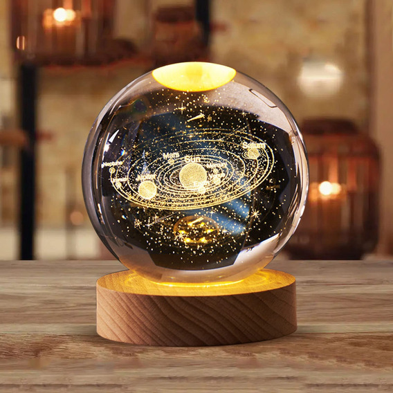 Lampara Decorativa Bola De Cristal 3d Adorno Base Madera