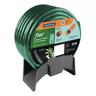 Mangueira Flex 20 M Verde Em Pvc 3 Camadas Com Engate Rosqueado Esguicho E Suporte Mural Tramontina