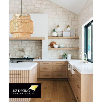 Colgante Deco Moderno De Bambu 50x50 Natural Apto Led E27 