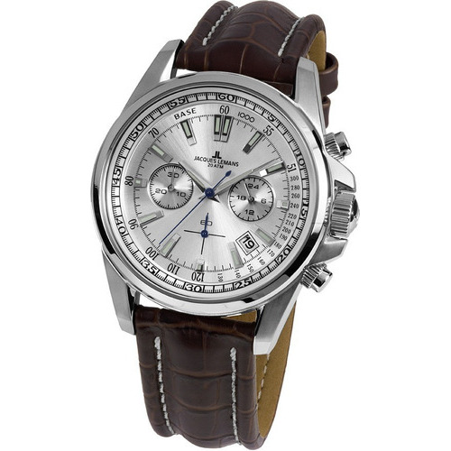 Reloj pulsera Jacques Lemans 1-1117.1WN, analógico, para hombre, fondo plateado, con correa de cuero color marrón, bisel color plateado y hebilla simple