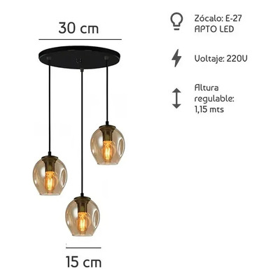 Colgante 3 Luces Ástrid Ambar Base Redonda 30cm Apto Led E27 Ámbar