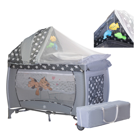 Star Kids Fenix cuna corral bebe cambiador mosquitero color gris claro