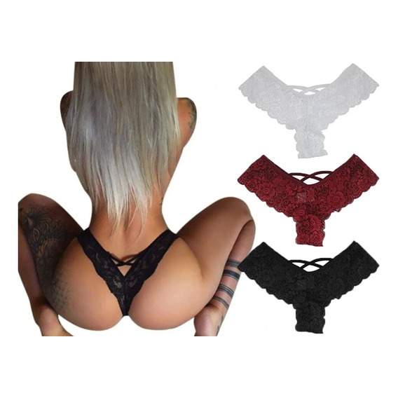 Paquete 3 Panty Bikini Señoras Tanga Cordón De Encaje Sexy