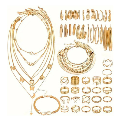 Set Bijou Dorado Collares Caravanas Anillos Pulsera Todo