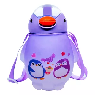 Botella Agua Pinguino Kawaii Con Stickers Y Correa 1500ml Color Morado