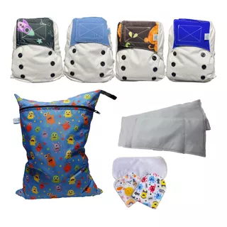 Pack 4 Pañales De Tela + Complementos + Wetbag - Ecopack