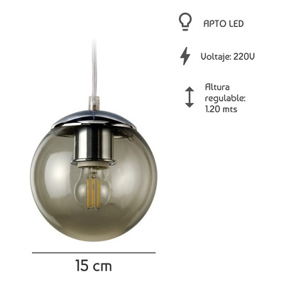 Colgante 1 Luz Globo 15cm Vidrio Fumé Moderno Apto Led E27