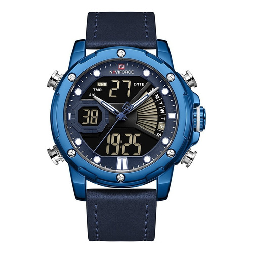 Reloj pulsera Naviforce NF9172 con correa de cuero color azul - fondo negro