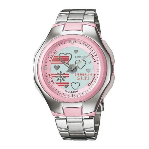 Reloj Casio Lcf-10d Mujer Original, Doble Hora, 5 Alarmas Color de la correa Plateado Color del fondo Rosa claro