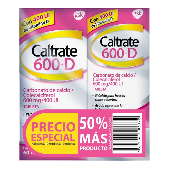 Caltrate Suplemento De Calcio 600mg 60+30 Tabletas Sabor Sin sabor