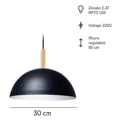 Colgante Media Esfera 30cm Con Madera Apto Led E27 Deco