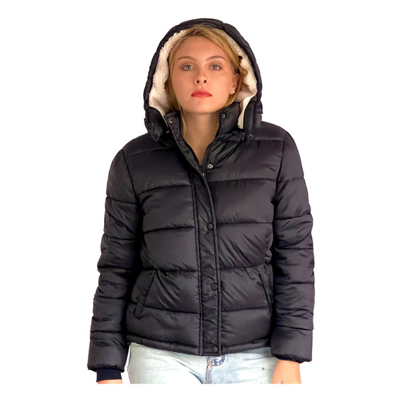 Campera Puffer Inflable Mujer Corderito Capucha Desmontable