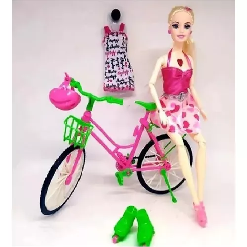 Boneca Barbie Ciclista Articulada Com Patins Bicicleta