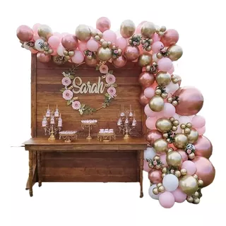 Kit Decoracion Arco Fiesta Oro Rosa Globos Bombas 148 Piezas