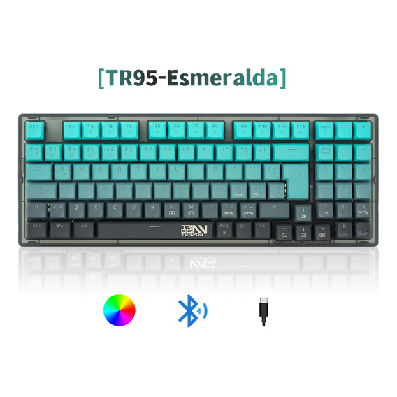 TERPORT TR95 Teclado Mecanico Inalambrico Español TR95 Esmeralda, Bluetooth+usb+cable, Luces Full-RGB, Outemu Red Switch Hotswap, 95 Teclas Antighosting, Juegos&Oficina