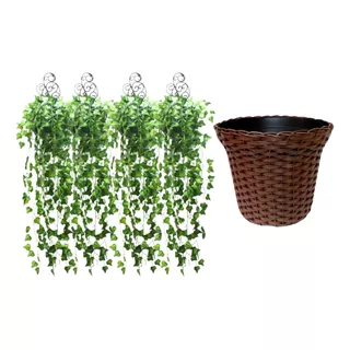 Kit Planta Artificial Decorativa Folhagem 8 Metros + Vaso