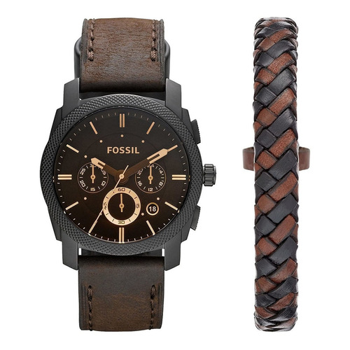 Reloj pulsera Fossil Machine chronograph and Bracelet Box Set con correa de cuero color marrón oscuro - fondo negro